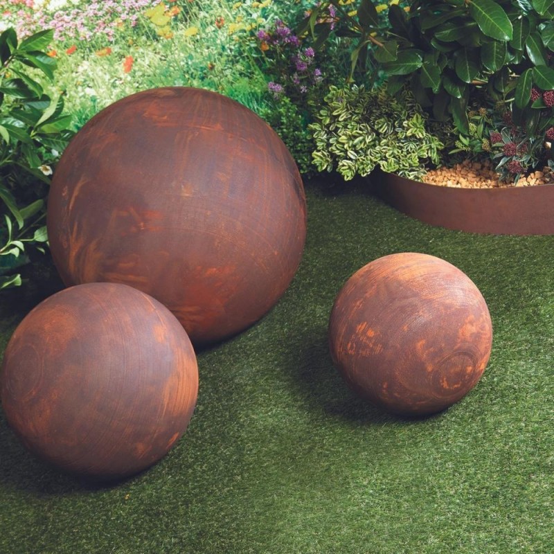 Boule deco jardin métal rouillé sphère acier corten JARDINEX